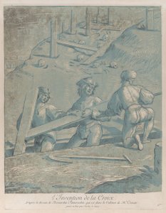 La invención de la cruz, tres hombres levantando una cruz de una trinchera, de 