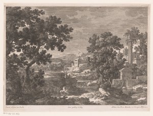 Paisaje con una antigua fuente junto al río. de Nicolas Perelle