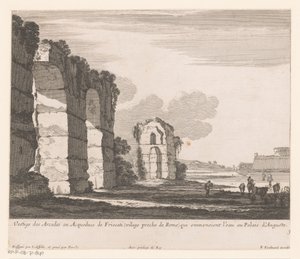 Paisaje con ruinas y pastores de vacas. Vestige des Arcades ou Aqueducs de Friscati (...) (título sobre el objeto) de Nicolas Perelle