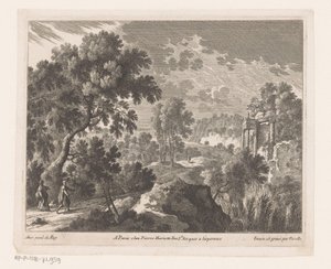 Paisaje con un hombre y una mujer caminando cerca de la ruina de Nicolas Perelle
