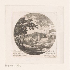 Ciudad fortificada y figuras en el árbol.