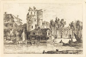 Pueblo en la Orilla del Río con Dos Torres Redondas de Nicolas Perignon
