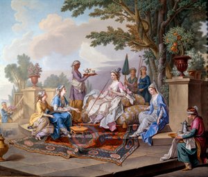 Almuerzo del Sultán. Pintura sobre porcelana blanda de Nicolas Pierre Pithou Le Jeune (siglo XVIII) 1783 Dim. 0,39x0,49 m Sevres, citación cerámica - El desayuno de la Sultana. Pintura en porcelana blanda de Nicolas Pierre Pithou El Joven (siglo XVIII) de Nicolas Pierre the Younger Pithou