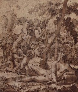 Un paisaje boscoso con un dios del río y putti de Nicolas Poussin