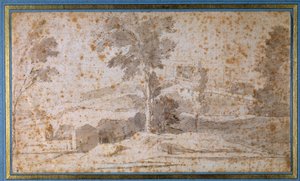 Paisaje con un gran árbol en el centro y un mirador de Nicolas Poussin