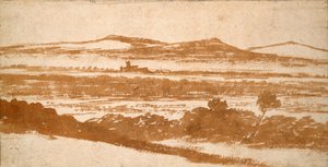 Vista a través de un valle hacia colinas distantes de Nicolas Poussin