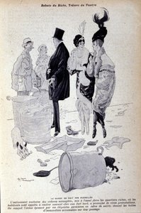 París: la basura se acumula en la calle frente a personas elegantemente vestidas. Ilustración de la prensa francesa por H. Tournier