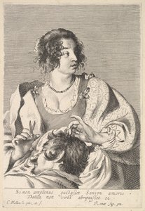 Dalila preparándose para cortar el cabello de Sansón con tijeras en su mano derecha, debajo de su pecho, ca. 1629 de Nicolas Viennot