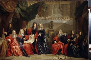Prebostes y magistrados de la ciudad de París discutiendo la cena de celebración del rey Luis XIV 14 conocido como el Rey Sol (1638-1715) en el Hôtel de ville después de su restauración en 1687 (Preboste y magistrados municipales de París discutiendo la ce