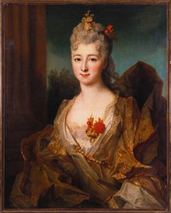 Retrato de una dama, medio cuerpo, con un vestido bordado en blanco y oro, con flores en el cabello de Nicolas de Largillière