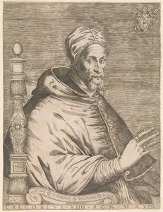 Retrato del Papa Gregorio XIV, sentado Gregorio XIII Pon. máx. (título en el objeto) de Nicolaus van Aelst (attributed to)