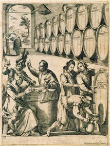 Bebedores en una bodega (los nombres de los vinos romanos están inscritos en los barriles) de Nicolaus van Aelst
