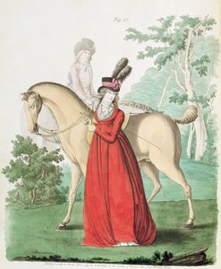 Una dama saliendo a caballo con vestido de montar de la Galería de Moda de Nikolaus Heideloff, Vol II, junio 1795 de Nicolaus von Heideloff