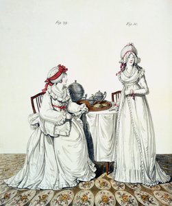Dos damas desayunando en su vestidor, con gorros de noche y peignoirs, de la 