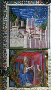 Miniatura de San Agustín escrita por Nicolo Polani, extraída de "De civitate dei" (La ciudad de Dios) de San Agustín de Hipona (354-430). 1459. París, Bibliotheque sainte Genevieve de Nicolo Polani