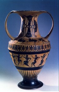 Ánfora de figuras negras áticas que representa bailarines, c.535-38 a.C. de Nicosthenes