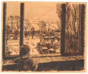 Un niño en una ventana con vista al jardín y al campo de Niels Skovgaard