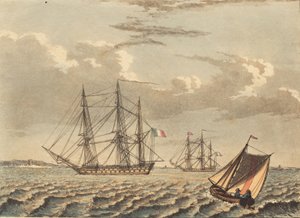 Barcos de guerra franceses anclados, y un bote cruzando de Niels Truslew