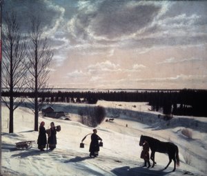 Escena de invierno, invierno ruso (Escena de invierno, invierno ruso). Descripción de un paisaje nevado a la luz del atardecer, con figuras en el camino: una conduciendo un caballo y mujeres, una carga de baldes y otras dos hablando cerca de un trineo. pei de Nikifor Stepanovich Krylov