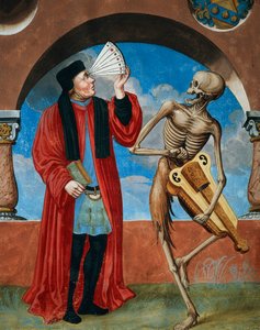 La muerte, el abogado canónico y el astrólogo del ciclo de la Danza de la Muerte de Niklaus Manuel