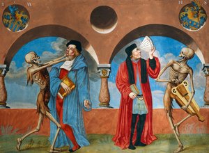 La muerte, el abogado canónico y el astrólogo del ciclo de la Danza de la Muerte de Niklaus Manuel
