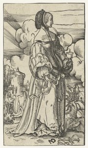 Virgen sabia con lámpara de aceite encendida en un paisaje
Cinco vírgenes prudentes y cinco insensatas (título de la serie) de Niklaus Manuel Deutsch