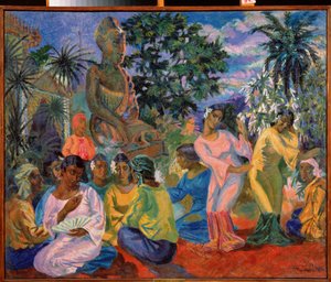 Una noche en la India (las mujeres están reunidas alrededor de una estatua monumental, algunas bailando, otras charlando). Pintura de Nikolai Afanasyevich Rusakov (1888-1941), óleo sobre lienzo de Nikolai Afanasyevich Rusakov