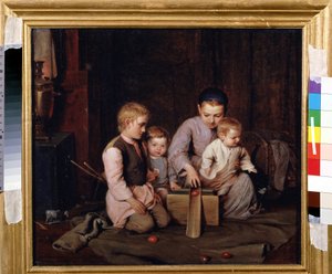 Juegos de huevos de Pascua. Cuatro niños juegan con huevos de madera en un comedero de madera, sentados sobre un abrigo, extendido en el suelo de la casa. Pintura de Nikolai Andreevitch Kocheliov (1840-1918), óleo sobre lienzo de Nikolai Andreevich Kocheliov