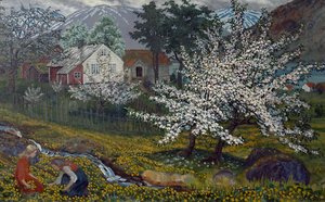 Manzano floreciente, Granja Strømsbo, c.1912 (óleo sobre lienzo) de Nikolai Astrup