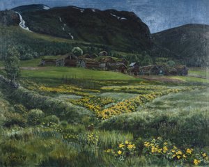 Noche de junio y antiguo patio del oeste de Noruega (óleo sobre lienzo) de Nikolai Astrup