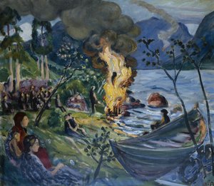 Los cuatro del solsticio de verano en el agua de Jølster (óleo sobre lienzo) de Nikolai Astrup