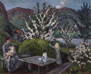 Madre e hijo junto a la mesa del jardín de Nikolai Astrup