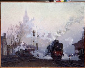 En el camino. Las locomotoras de vapor ahogan el paisaje urbano en el humo de sus vías. Pintura de Nikolai Dmitryevich Kuznetsov (1923-1974), óleo sobre lienzo
