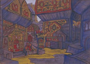 La Corte del Príncipe Vladimir Galitsky. Diseño de escenario para la ópera Príncipe Igor de A. Borodin, 1914