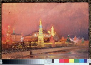 Iluminación del Kremlin de Moscú. Paisaje urbano, con banderas rusas y multitudes reunidas en los muelles a lo largo del Moskva. Pintura Nikolai Nikolayevich Gritsenko (1856-1900), óleo sobre lienzo 1896. Arte ruso, pa