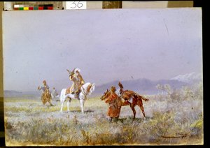 Cetrería (La Cetrería). Jinetes de Asia Central entrenan halcones para cazar en las estepas. Pintura de Nikolai Nikolayevich Karasin (1842-1908), óleo sobre lienzo de Nikolai Nikolaevich Karazin