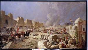 El ejército ruso invadió Samarcanda (Uzbekistán). Durante el periodo de expansión rusa en Asia Central, los rusos tomaron Samarcanda en 1868. Pintura de Nikolai Nikolayevich Karasin (1842-1908), óleo sobre lienzo 1888. Arte de Nikolai Nikolayevich Karasin