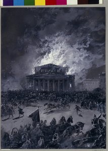 El incendio del Teatro Bolshoi en Moscú (Rusia), 11 de marzo de 1853 (Movimiento de la multitud frente al edificio y la llegada de los bomberos) - Obra de Nikolai Nikolayevich Karasin (1842-1908), gouache sobre papel - Arte ruso, segunda mitad del siglo XI de Nikolai Nikolayevich Karasin