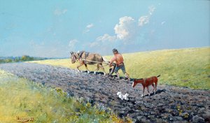 "Campesino arando su campo", Rusia Pintura de Nikolai Nikolayevich Karasin (1842-1908) 1899 Dim 16,5x27,5 cm Colección particular de Nikolai Nikolayevich Karasin