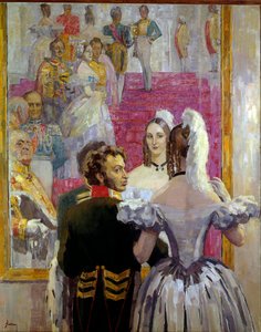 El poeta ruso Alexander Pushkin (Pushkin) (1799-1837) y su esposa Natalia Gontcharova (Goncharova) en el baile del Palacio Anichkof. Pintura de Nikolai Pavlovich Ulyanov (Ulyanov) (1875-1949)