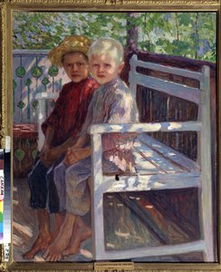 Los niños. Dos niños, uno con el pelo rubio, el otro con el pelo castaño, sentados descalzos en un banco al sol. Pintura de Nikolai Petrovich Bogdanov Belsky (Bogdanov-Belski) (1868-1945). Óleo sobre lienzo de Nikolai Petrovich Bogdanov Belsky