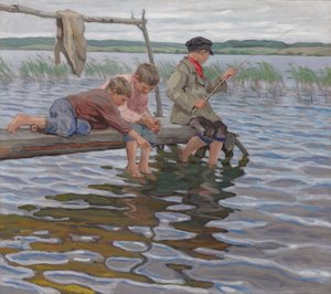 Niños pescando desde un muelle