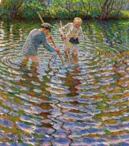 Jóvenes pescando cangrejos de río