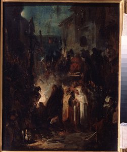 Autodafe (Autodafe). Escena callejera, de noche, tras el juicio del tribunal de la Inquisición, la multitud y los eclesiásticos se reúnen alrededor del infierno. Obra de Nikolai Petrovich Lomtev (1816-1859), óleo sobre tabla. Arte ruso de Nikolai Petrovich Lomtev