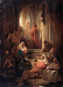 Une scene de la vie de Dante Alighieri (1265-1321) (Una escena de la vida de Dante Alighieri). Oeuvre de Nikolai Petrovich Lomtev (1816-1859), huile sur carton de Nikolai Petrovich Lomtev