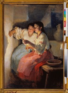 Adivinación en Nochebuena (Dos niñas proyectan sombras a la luz de las velas en una pared) - Adivinación de Nochebuena - Pintura de Nikolai Kornilovich Pimonenko (1862-1912), óleo sobre lienzo de Nikolai Pimonenko