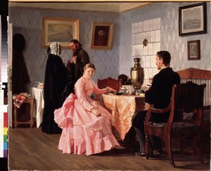El casamentero. Reunión organizada en torno a una taza de té, para la organización de la boda de una pareja joven. Pintura de Nikolai Vasilyevich Nevrev (1830-1904), óleo sobre lienzo de Nikolai Vasilievich Nevrev