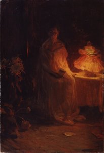 Una letra (Una letra). Una mujer triste, de rostro muy melancólico, en camisón, cerca de una lámpara de noche, sostiene una carta cuyo sobre se ha caído al suelo. Pintura de Nikolai Alexeyevich Kasatkin (Kasatkin) (1859-1930), óleo sobre lienzo