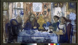 Beber té. Una familia reunida alrededor de una mesa con un samovar en el centro. Obra de Nikolai Nikolayevich Sapunov (Sapunov) (1880-1912), témpera sobre cartón de Nikolaj Nikolaevic Sapunov