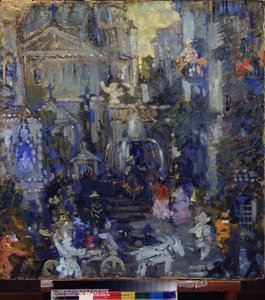 Decoración preparatoria para la obra ""La máscara de la muerte roja"" (La máscara de la muerte roja) de Edgar Allan Poe (1809-1849). Obra de Nikolai Nikolayevich Sapunov (Sapunov) (1880-1912), témpera sobre cartón, hacia 190
